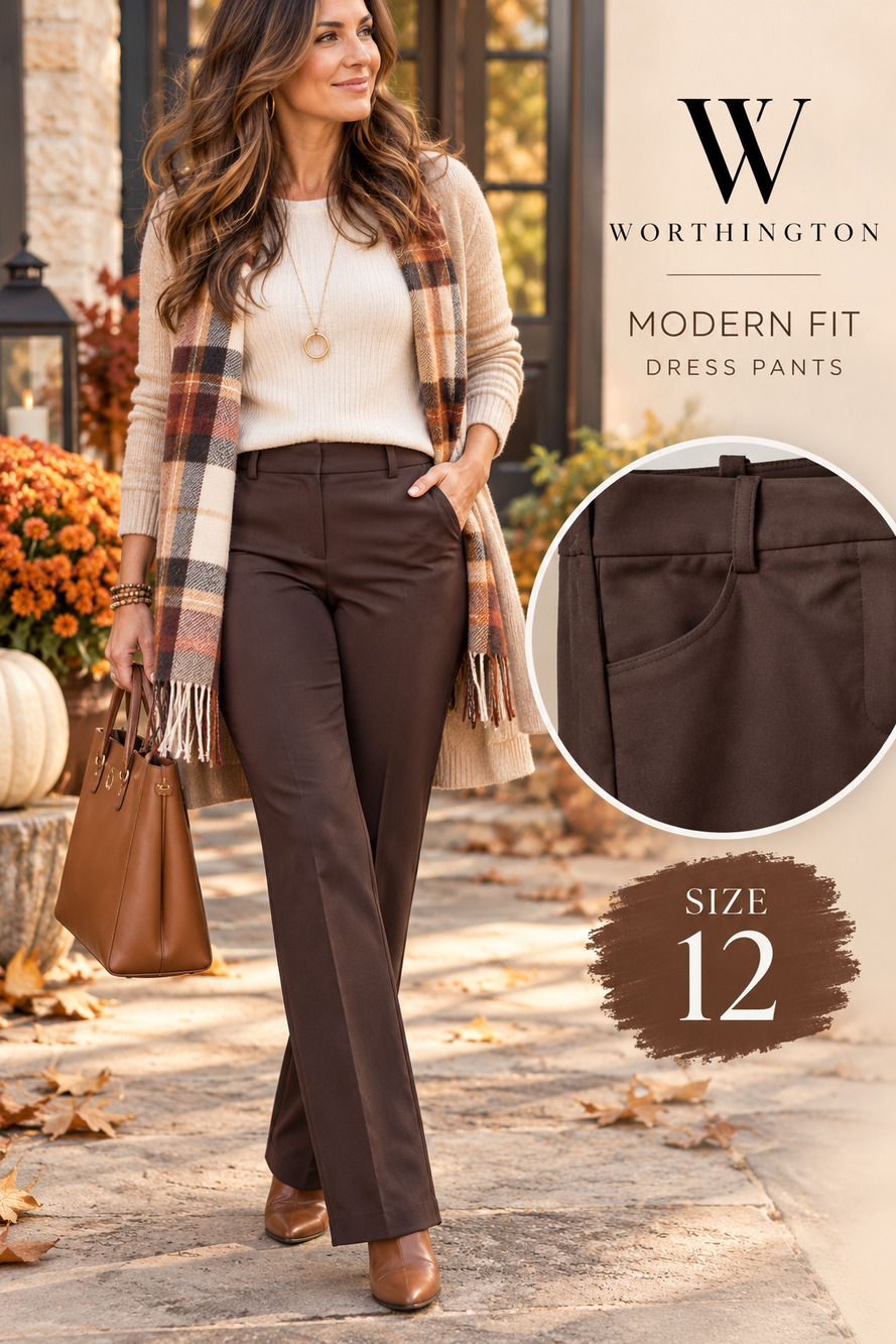 Worthington Modern Fit Size 12 Brown Dress Pants Straight Leg Work Trousers
